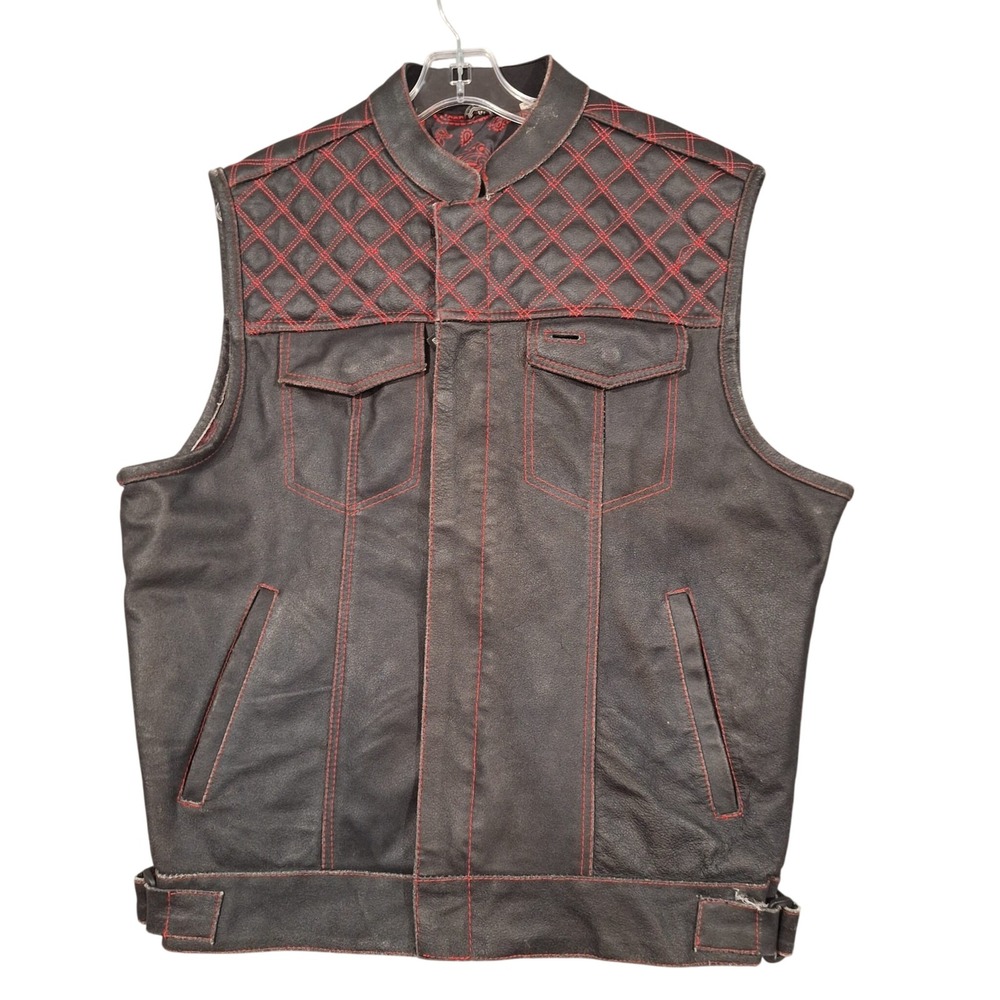 Jackets 4 Bikes Mens Leather Motorcycle Vest Black Red Stitching Paisley XL
